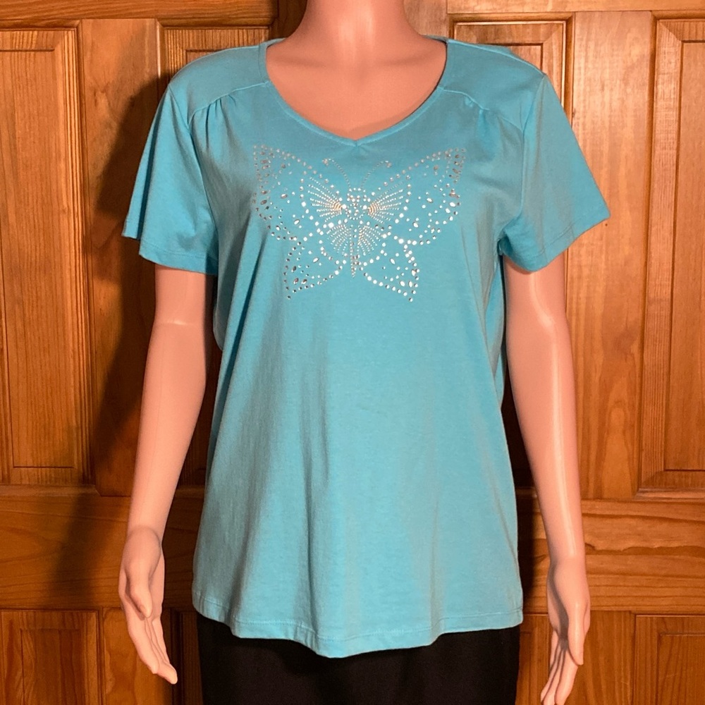 NWOT Blair Vintage 90s Top Short Sleeve Blouse Embellished Blue Women's L Large